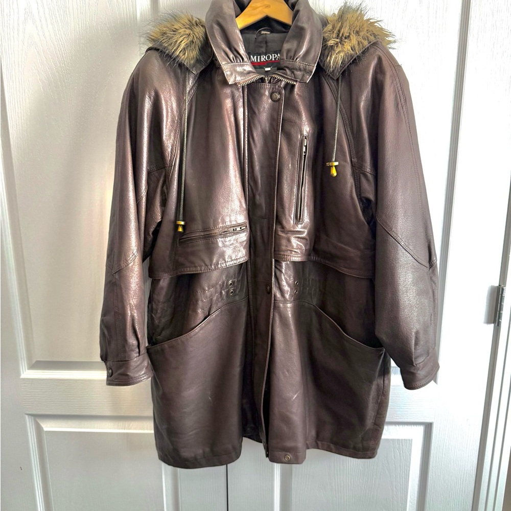 Vintage Real Leather Jacket with Faux-Fur Lined Hood